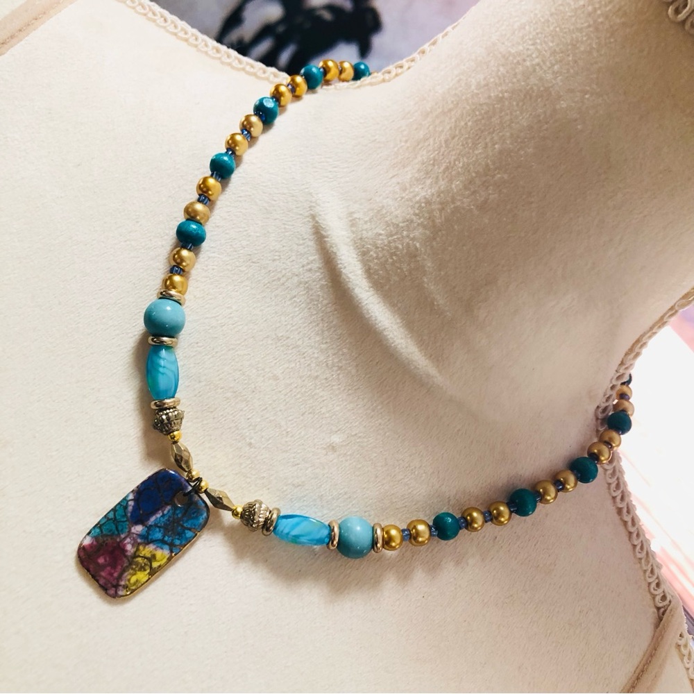 Handcrafted repurpose vintage 80s stained glass porcelain pendant bead necklace